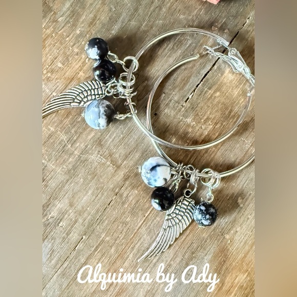 Gothic black gemstones silver multi charm hoop earrings - Picture 1 of 1